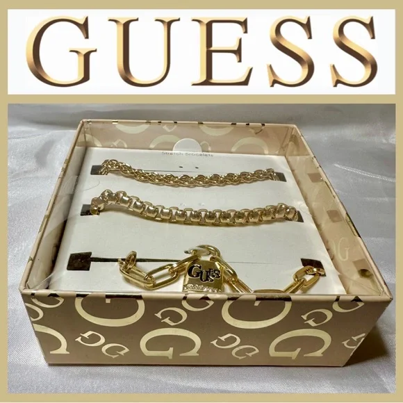 Guess Gold Chain Bracelet Trio Boxed Set 7.5” Gold-tone Stretch Bracelets NEW - Picture 2 of 6